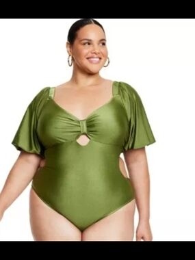 FeNoel X Target Olive Green One-Piece Swimsuit with Flutter Sleeves